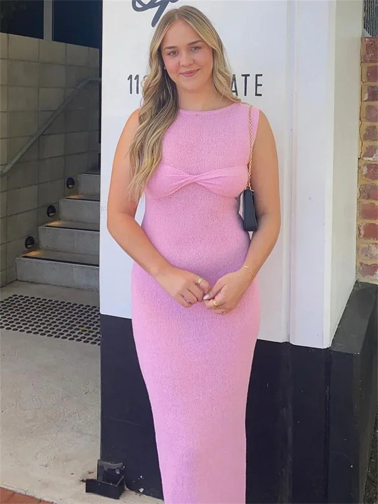 Tossy Summer Beach Knit Maxi Dress For Women Cover-Up Pink Sleeveless Twist Sundress Knitwear See-through Maxi Bodycon Dress New clothes