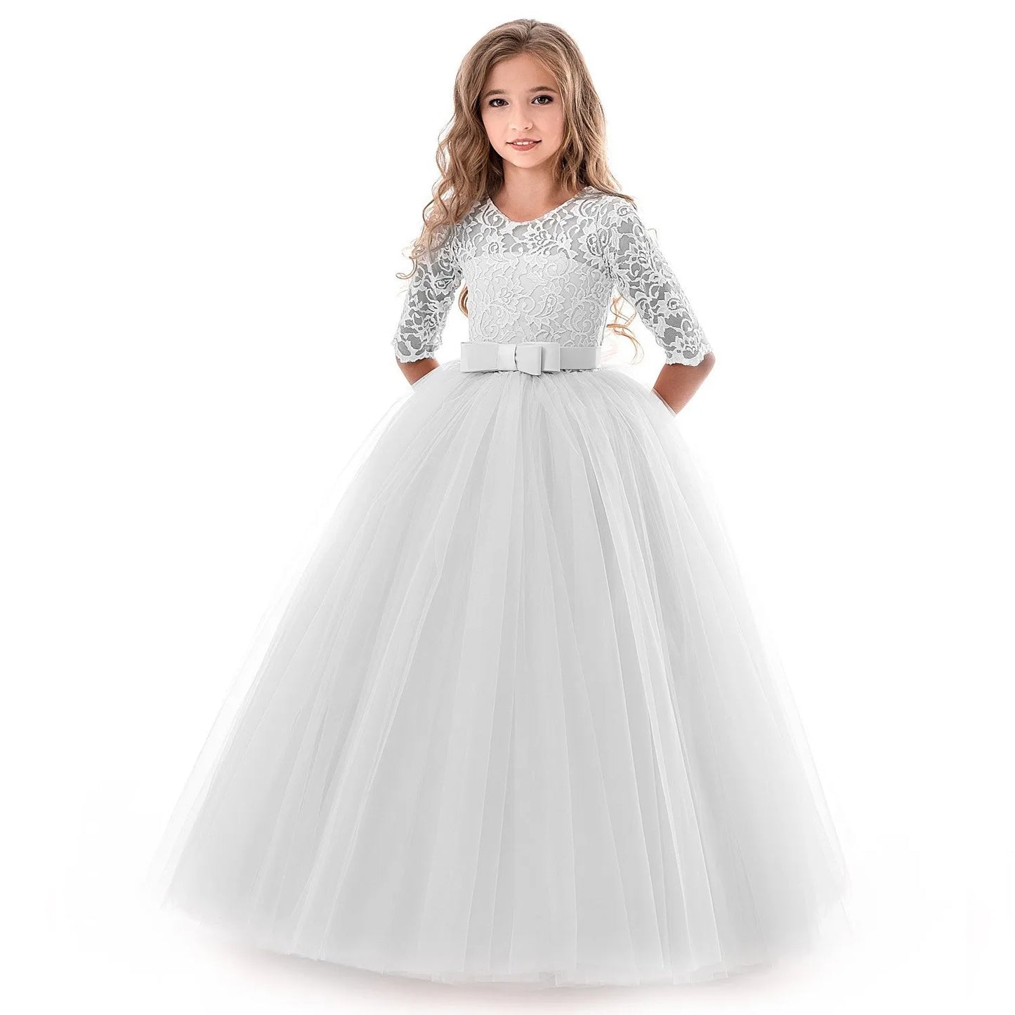 Girls Lace Embroidered Bow Princess Dress Long Sleeve Tulle Gown For Toddler First Communion Bridesmaid Wedding Birthday Party