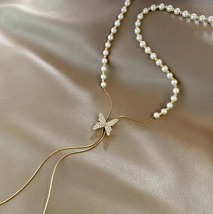 Fashion Personal Butterfly Pearl Long Pendant Tassels Necklace For Women Party Accessories Dangle Necklace Custom Jewelry