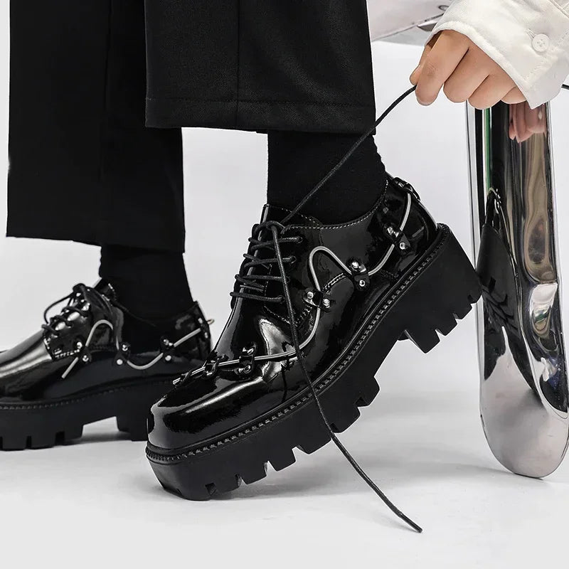 2025 New Small Style Thick Soled Derby Shoes Square Head Black Men's Business Casual Leather Retro Spring Decorative Shoes Men