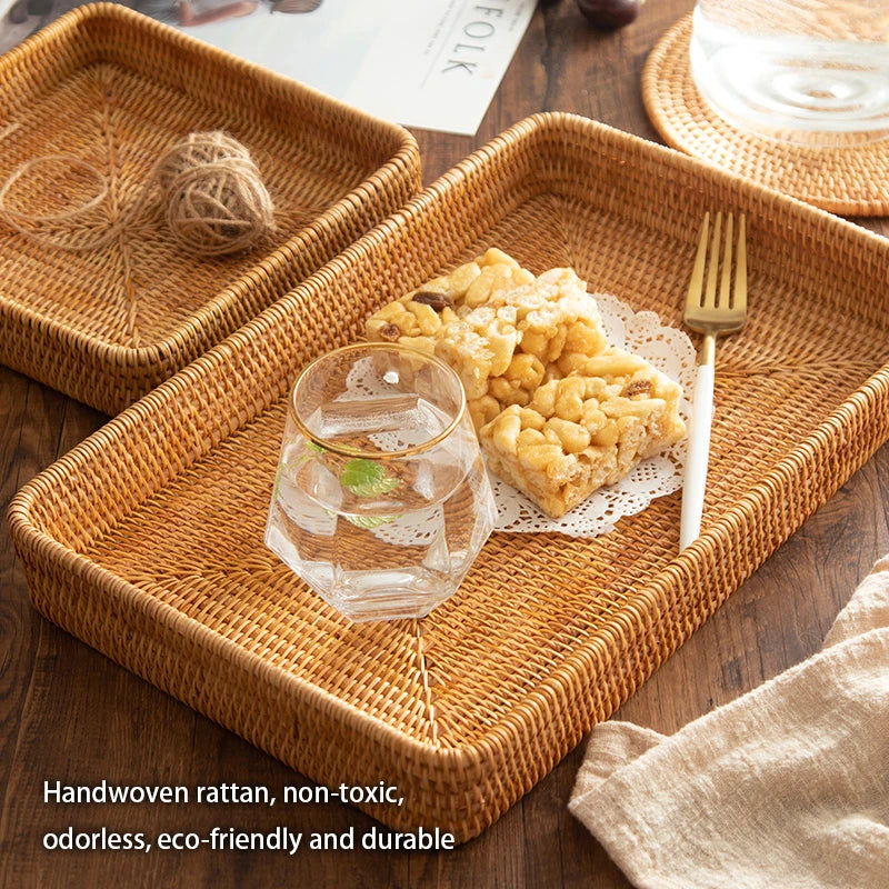 Handwoven Rattan Storage Tray Square Wicker Basket Bread Food Plate Fruit Cake Platter Dinner Serving Tray Kitchen Decoration