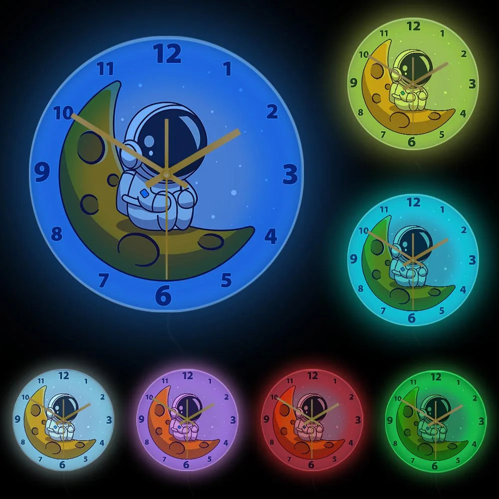 Cartoon Astronaut LED Lighting Wall Clock for Kids Room Nursery Universe Home Decor Outer Space Art Cosmonaut Neon Light Clock
