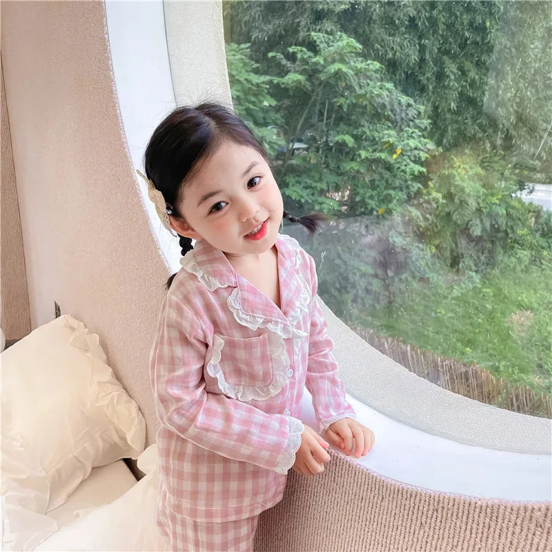 Children Pajamas 2024 Spring New Korean Children Clothing Girl Sweet Checkered Pajama Set Long sleeved Pants Home Fury