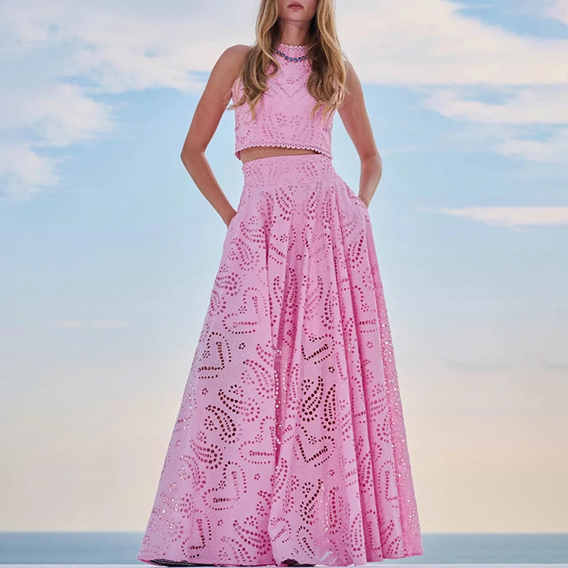 Women Elegant Embroidery Hollow 2Pc Suit Fashion O-neck Vest Top & Long Skirt Outfits Casual Sleeveless Pleated Solid Beach Sets