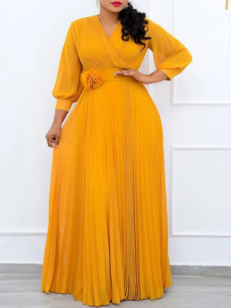 Women Plus Size Lantern Long Sleeve Long Dress Fashion Elegant Solid Color V Neck Belt High Waist Ruched Evening Birthday Party