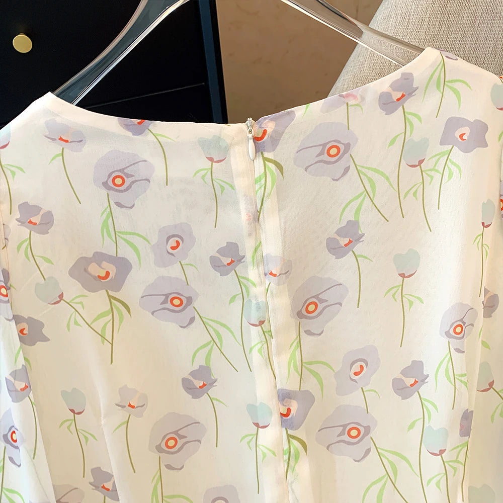 Spring and autumn plus size women's new casual French chiffon floral dress sweet wind loose comfortable home long-sleeved dress