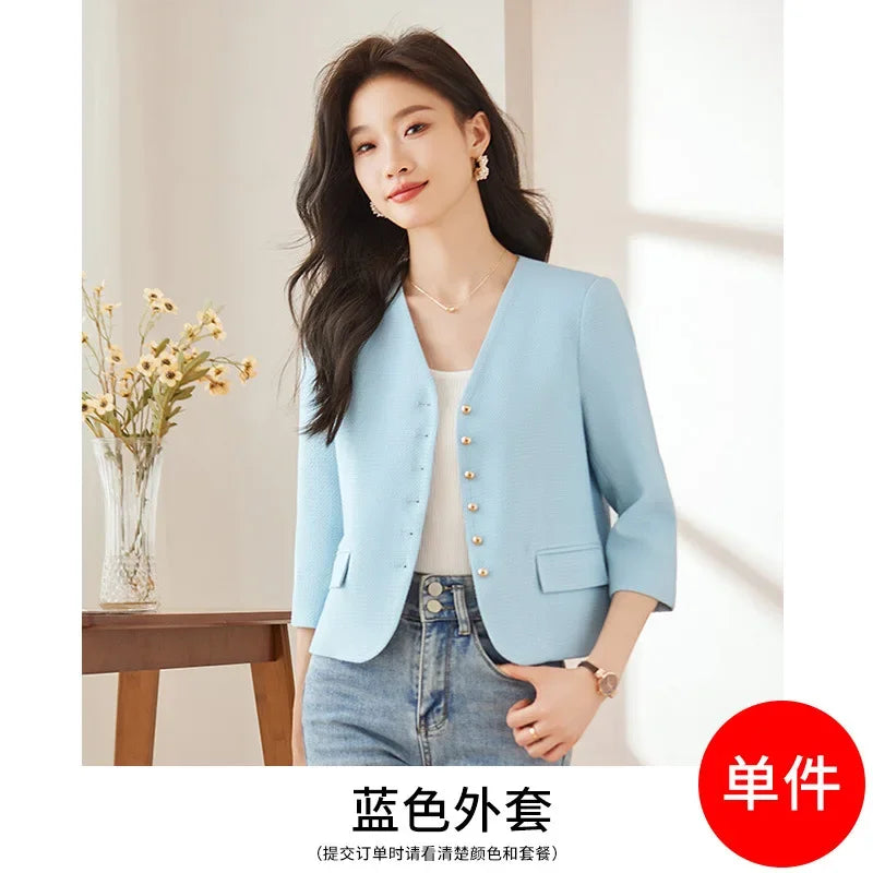 Clothes High quality short blazer for women single breasted three quater sleeve new spring 2025 elegant fashion office clothes pink blue