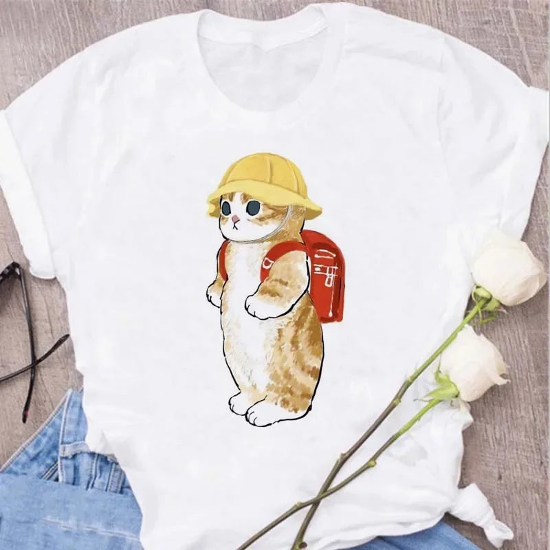 Cute Cats Printing Women T-shirts New Kawaii Women's Tops Fashion Women Clothing Funny Korean Style Creative Casual Clothes Tees