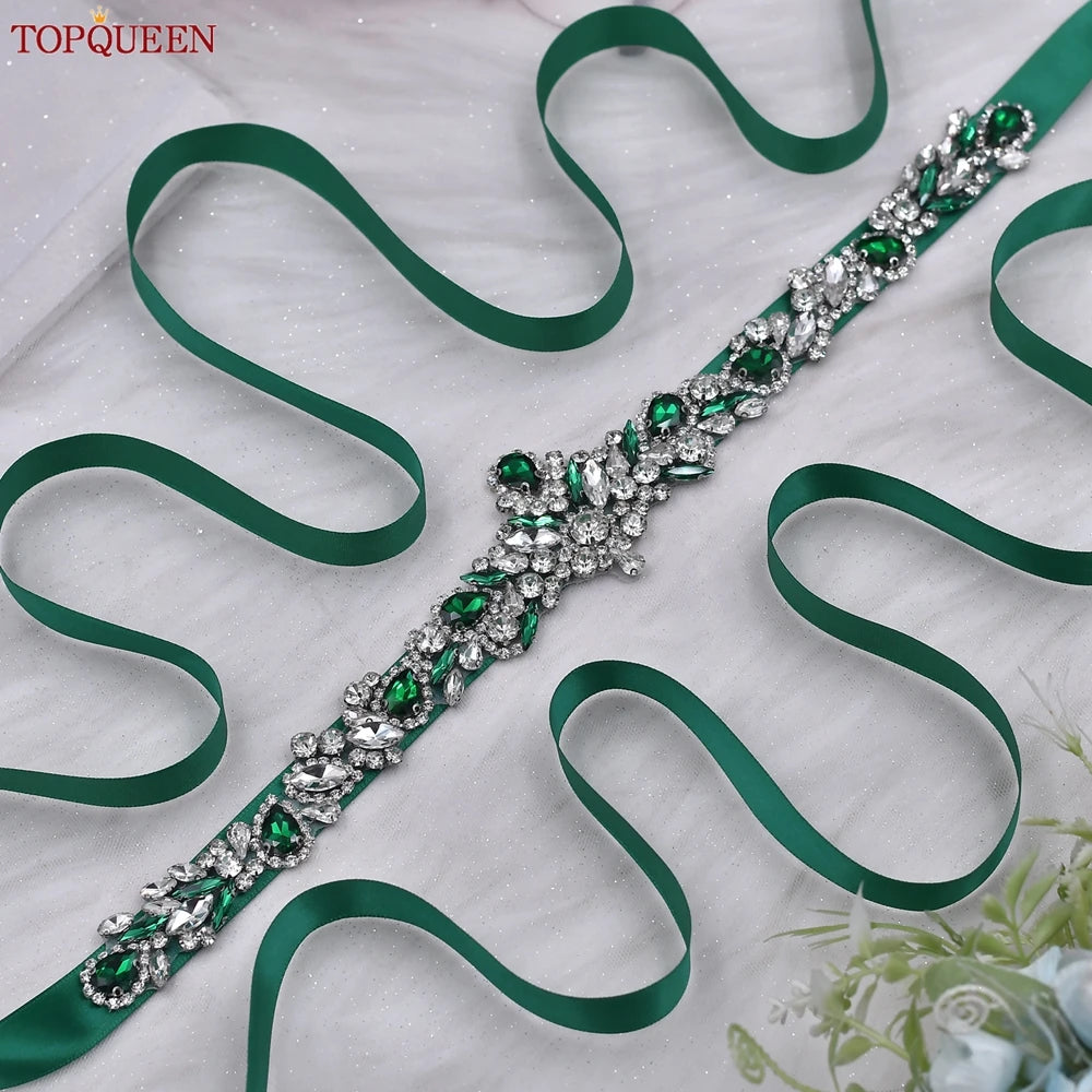 TOPQUEEN S462-KL Rhinestone Bridal Belt Wedding With Green Diamond Wedding Dress Accessories Belt Sash Party Women Dress Belt