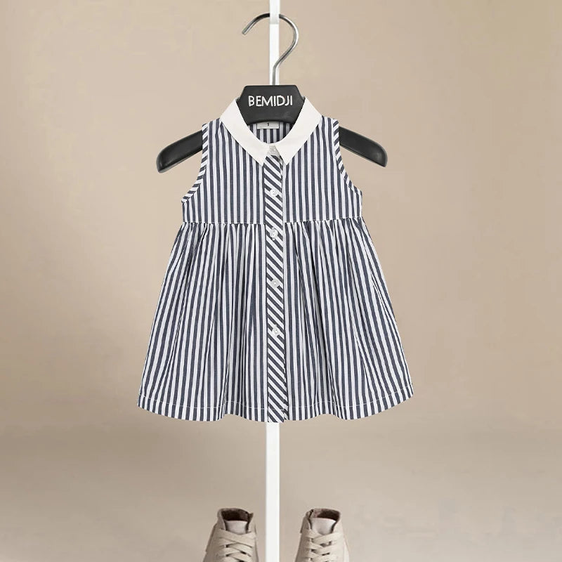 Sleeveless Summer Girls Blouses Tops Cotton Casual Flower Print Baby Girls Striped Shirts for Children Kid Clothing Shirts Dress