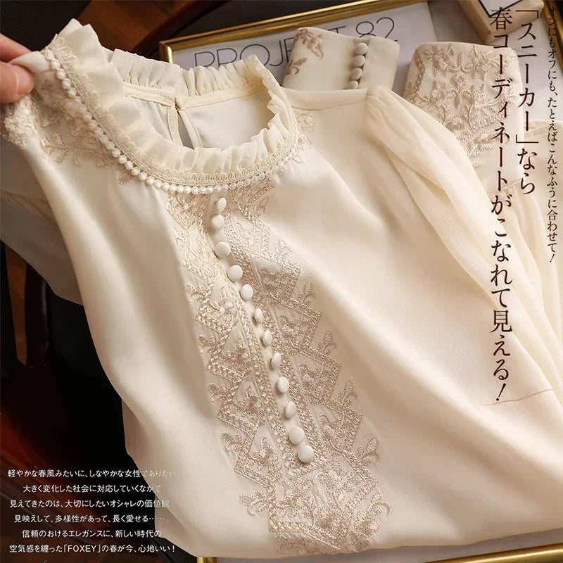New Spring embroidery shirts for ladies Fashion chiffon sleeve Women's blouses blusa mujer