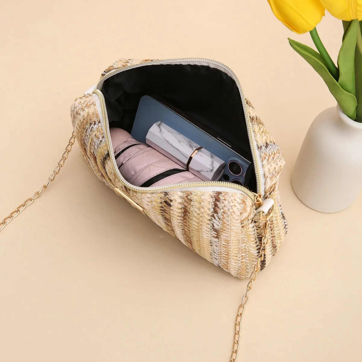 Rattan Knitting Women Straw Bag Beach Summer Chain Small Purse and Handbag Female Shoulder Crossbody Bags Travel Design Flap Bag