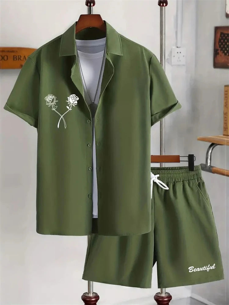Men's Fashion Breathability Suit Hawaii Beach Holiday Suit Fallow Men's Shirt Short Sleeve Shorts 2 Piece Set