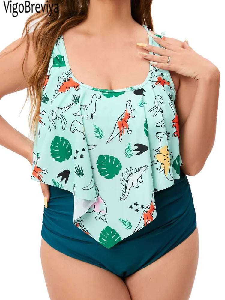 VigoBreviya 2025 Print Ruffle 2 Piece Plus Size Tankini Strapped Women Curvy Swimsuit High Waist Lady Brazilian Big Bathing Suit
