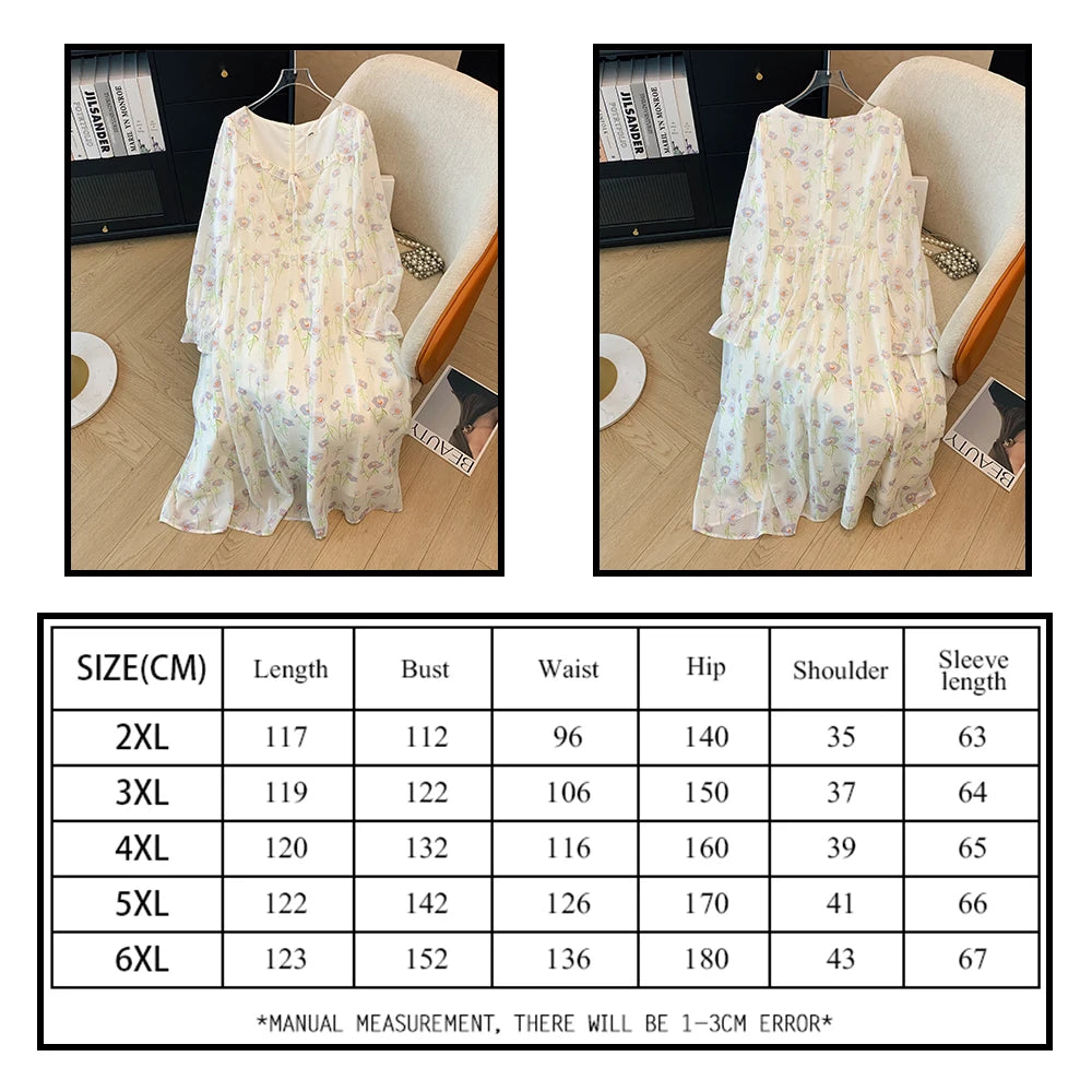 Spring and autumn plus size women's new casual French chiffon floral dress sweet wind loose comfortable home long-sleeved dress
