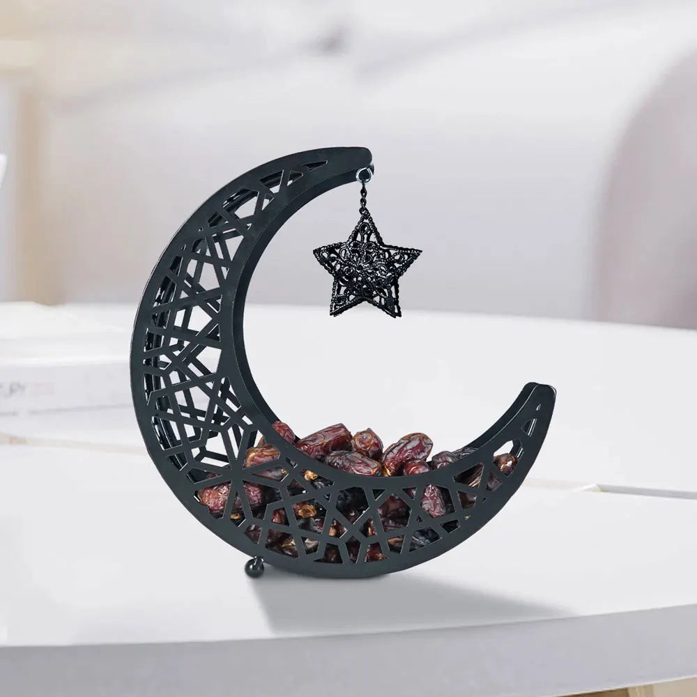 Golden Snack Tray Hollow Out Moon Star Shape Eid Mubarak Serving Platter Muslim Ramadan Nuts Plate