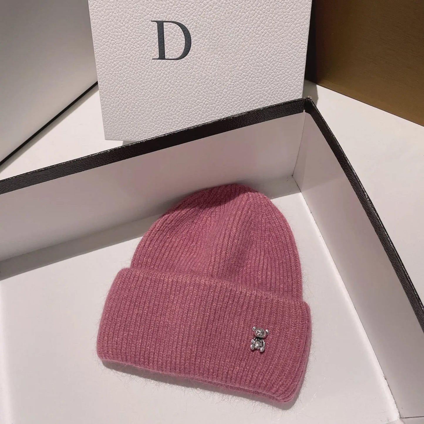 Luxus Cut Bear Echtes Kaninchenfell Strickmützen für Frauen Winter Warme Mütze Lässige Lady Beanie Walking Bonnet Wolle Skullies Caps