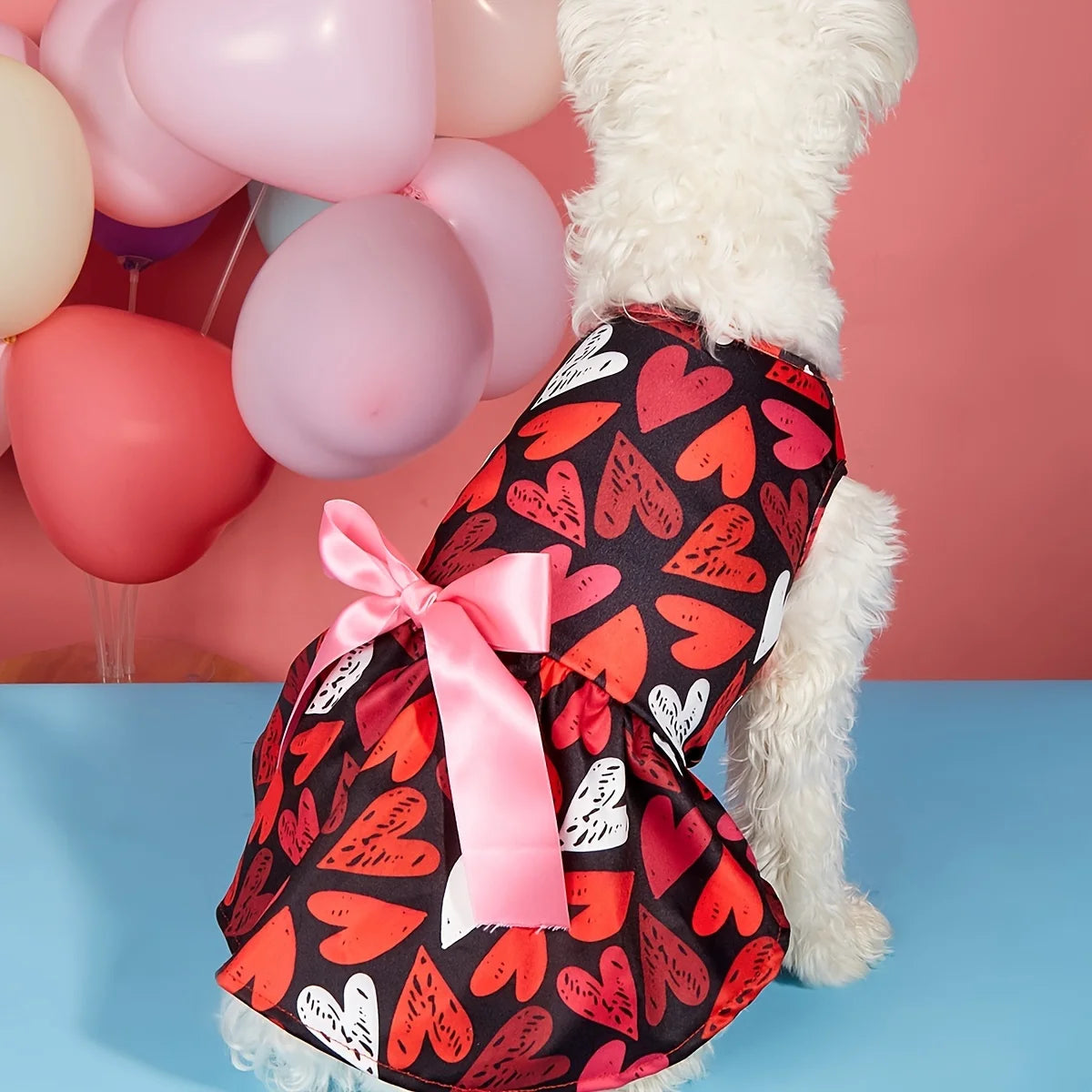 Dog Valentines Day Clothes Heart Prints Dog Valentines Outfit Red Tulle Dog Dress with Bowknot for Small Dogs Cat Girl