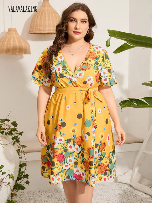 2025 Casual V-Neck Floral Print Plus Size Dress Women Short Sleeve Lace-Up Large Midi Dress Lady Chubby Curvy Pleated Long Dress