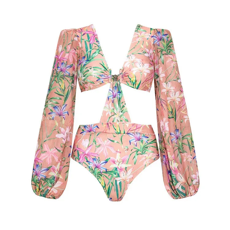 2025 Vintage Floral One Piece Swimsuit Floral Ruffle Printed Push Up Women Bikini Set Swimwear Slimming Bathing Suit Beach Wear