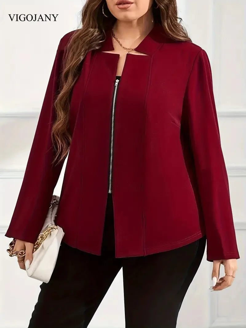 VigoJany 2025 Winter Red Plus Size Coat Women Casual Large Long Sleeve Jacket Outwear Ladies Autumn Chubby Zipper Curvy Clothes
