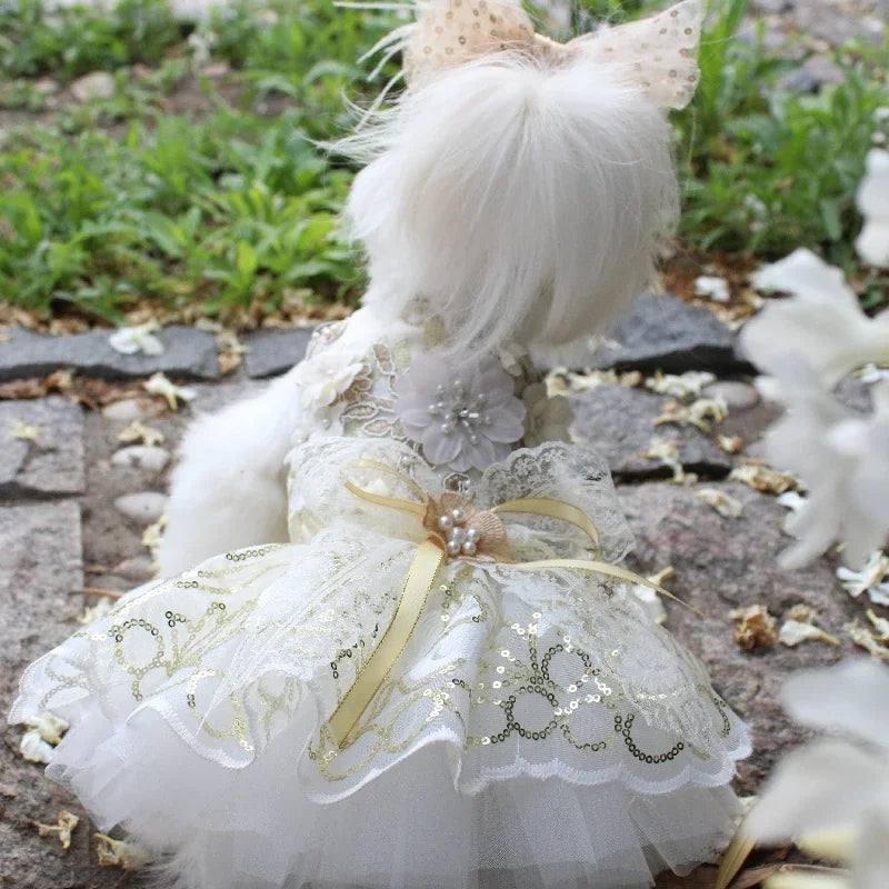 Cute Pet Dog Cats Clothes Luxury Handmade Golden Sequin Lace Flower Party Dress For Small Medium Dogs Fashion Outfits Puppy Coat