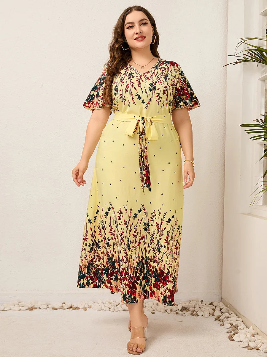 2025 Casual V-Neck Print Plus Size Dress Women Short Sleeve Lace-Up Large Midi Dress Lady Trendy Chubby Curvy Pleated Long Dress
