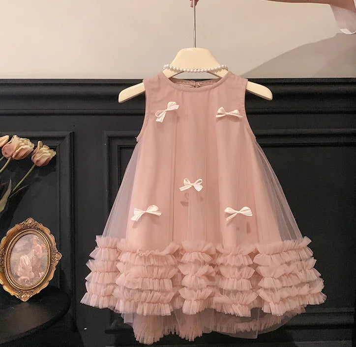 New Baby Summer Girls Pink Bow Mesh Vest Dress, Princess Kids Sweet Fashion Dresses 2-8T