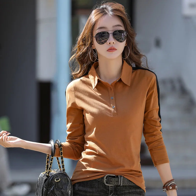HI-FASHION Women Cotton Shirt Korean Casual Office Female Blouse Tops Spring Lapel temperament Long Sleeve Slim woman tshirt