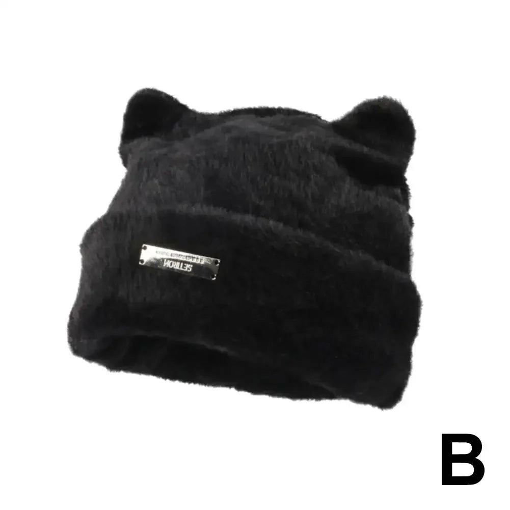 Iron Label Decorative Beanie Hat With Ears Cute Warm Faux Beanie Hat Plush Women Winter Fur Beanie Elastic Knitted Outdoor Z4k0