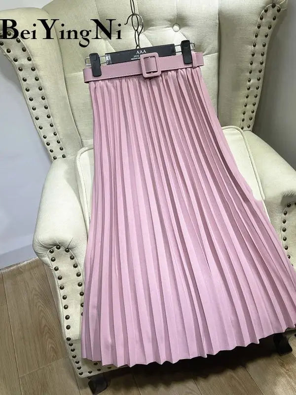 Beiyingni Women's Skirt Belt Casual Fashion Midi Long Pleated Skirts Ladies High Waist Retro Spring Summer Faldas Female 2025