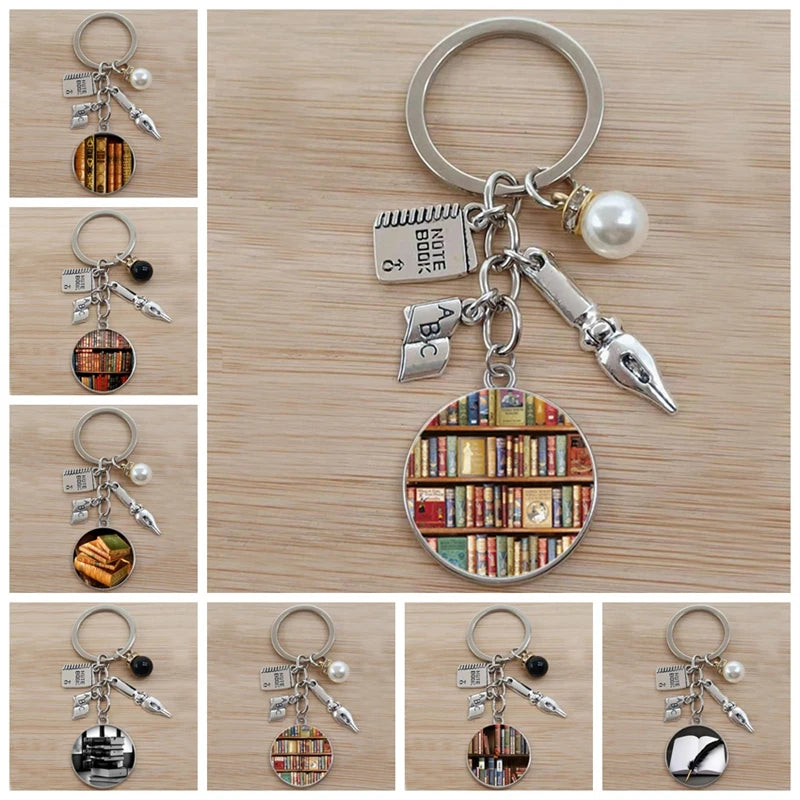Classic Library Books Keychain Vintage Old Books Key Chain Librarians Key Ring Gift for Nerd Bookworm Writer Teacher