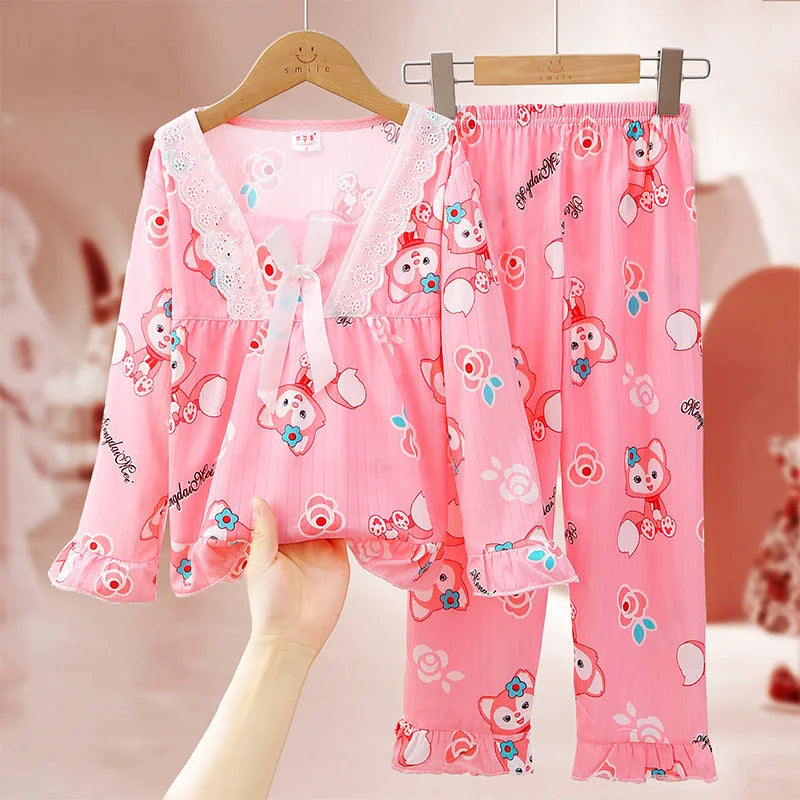 Children's Pajamas for Girls in Spring and Autumn Long Sleeved Thin Style Parent-child Big Girl Home Clothing Princess Style S