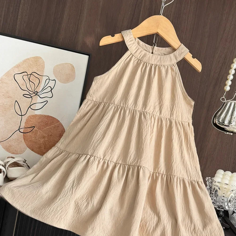 Summer Sleeveless Hanging Neck Girls Dress Khaki Casual Dresses