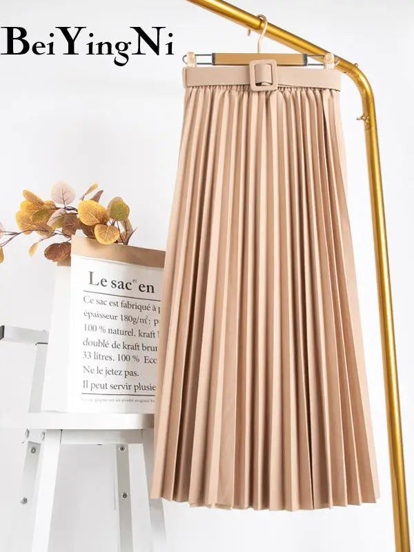 Beiyingni Women's Skirt Belt Casual Fashion Midi Long Pleated Skirts Ladies High Waist Retro Spring Summer Faldas Female 2025