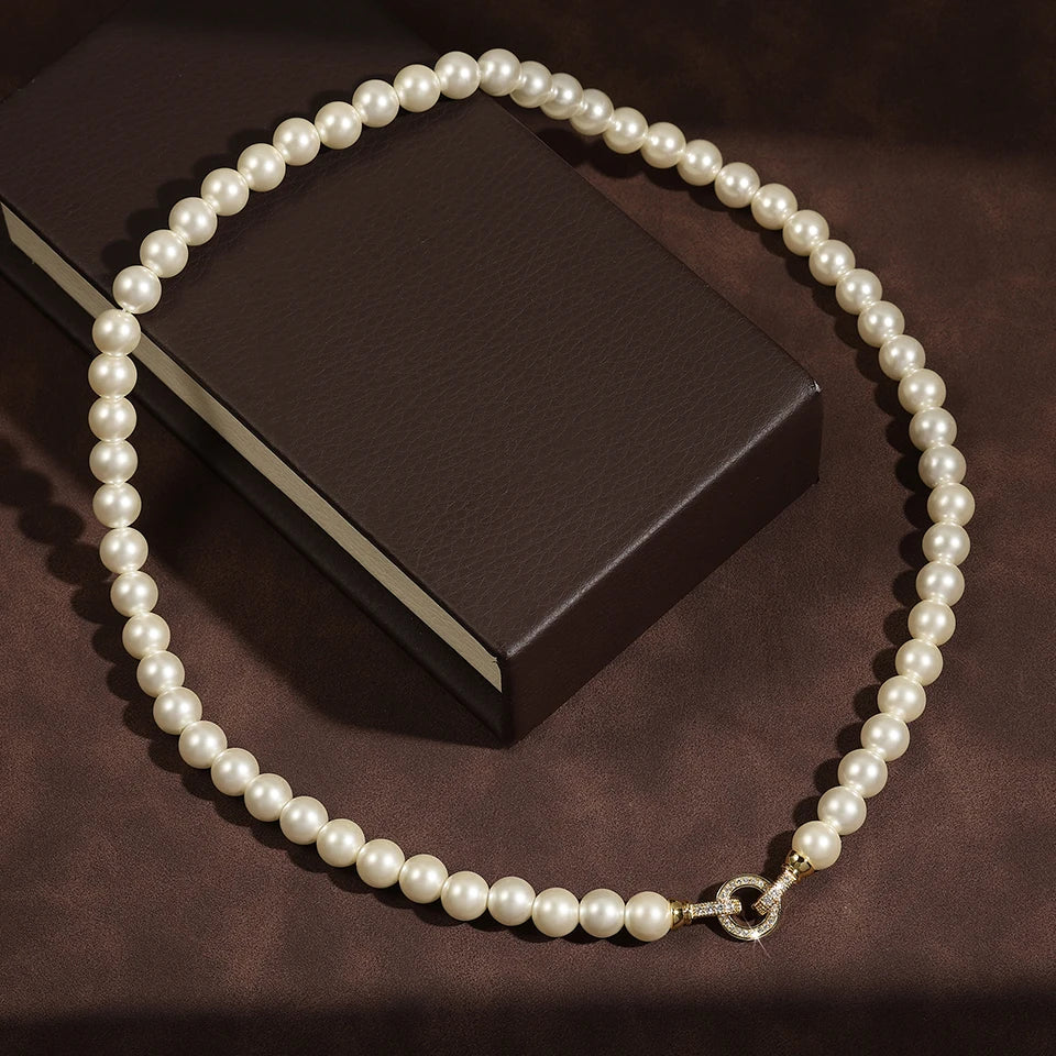 ZAKOL Elegant Zircon Round Buckle Imitation Pearl Beaded Necklace Barcelet For Women's Temperament Jewelry Set Sweet Accessories