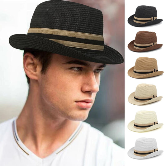 Men Women Summer Solid Straw Homburg Hats Classical Retro Fedora Caps Trilby Sunhat Party Beach Travel Outdoor Adjustable Size