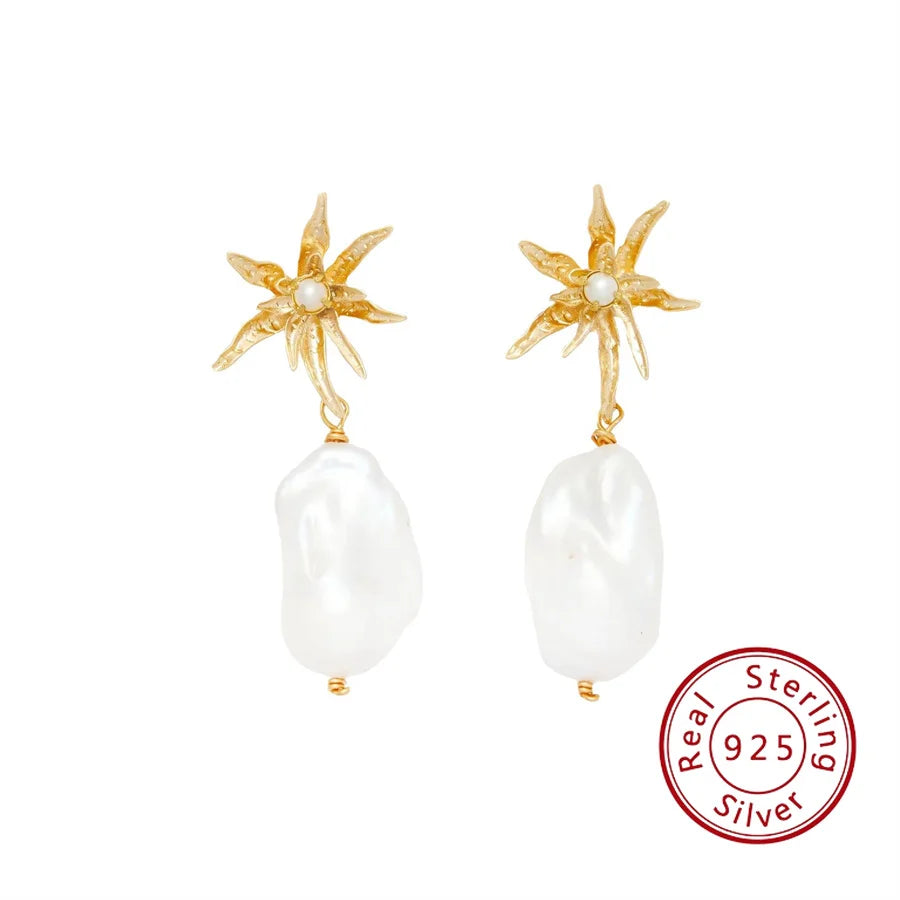 Luxury 925 Silver Needle Sunflower Baroque Pearl Dangle Earring Irregular Freshwater Pear Drop Earrings for Women Party Jewelry