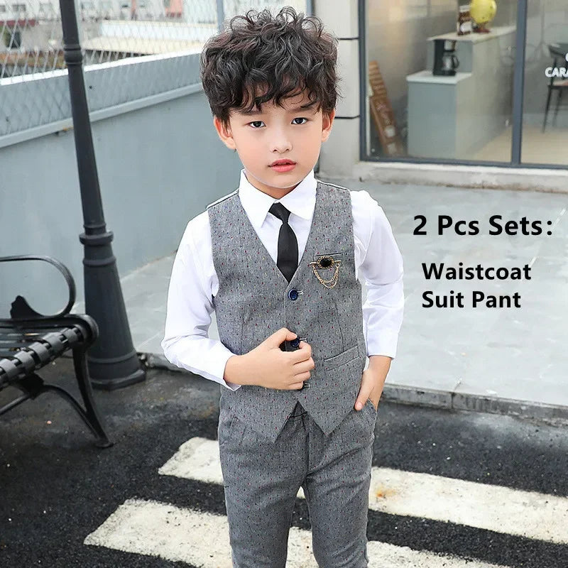 Boy Plaid Vest Blazer Kids Waistcoat Wedding Clothes Set Toddler Formal Dress Suit Child Brooch Shirt Pant Baby Gentlemen Outfit