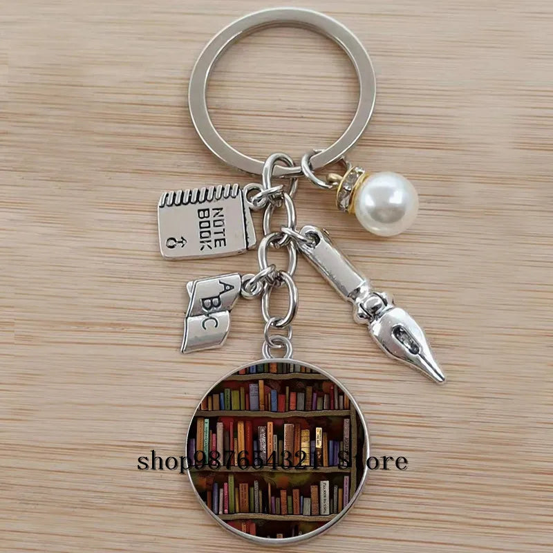 Classic Library Books Keychain Vintage Old Books Key Chain Librarians Key Ring Gift for Nerd Bookworm Writer Teacher