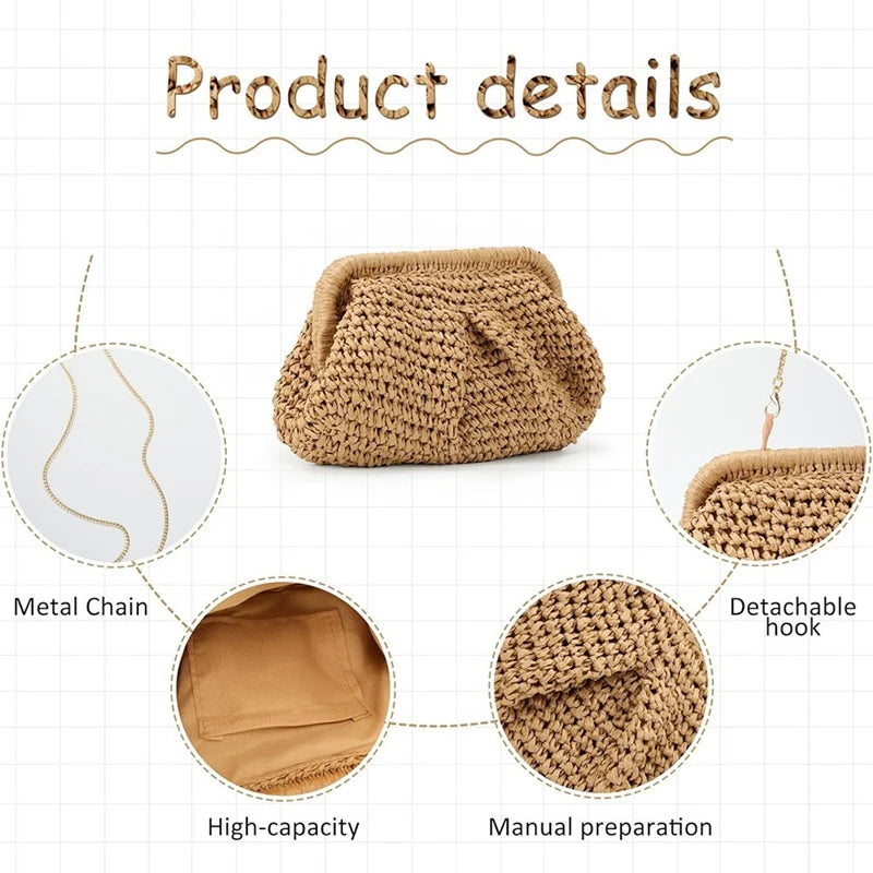 NEW-Straw Purse For Women Cloud Dumpling Pouch Straw Crossbody Shoulder Handbag Summer Beach Woven Bag