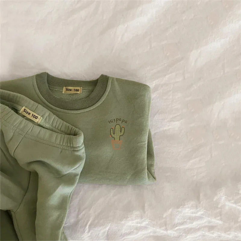 2Pcs Spring Winter Baby Girl Boy Clothes Set Embroidery Thicken Fleece Warm Sweatshirt Pant Boy Tracksuit Toddler Clothes Outfit