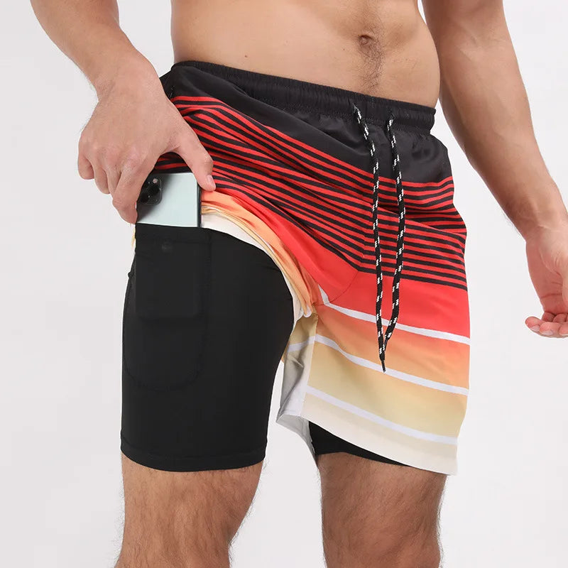 Summer Shorts Men Double Layer Beach Wear Surf Swimming Sportswear Fitness Loose Shorts Casual Trouser New Swimwear