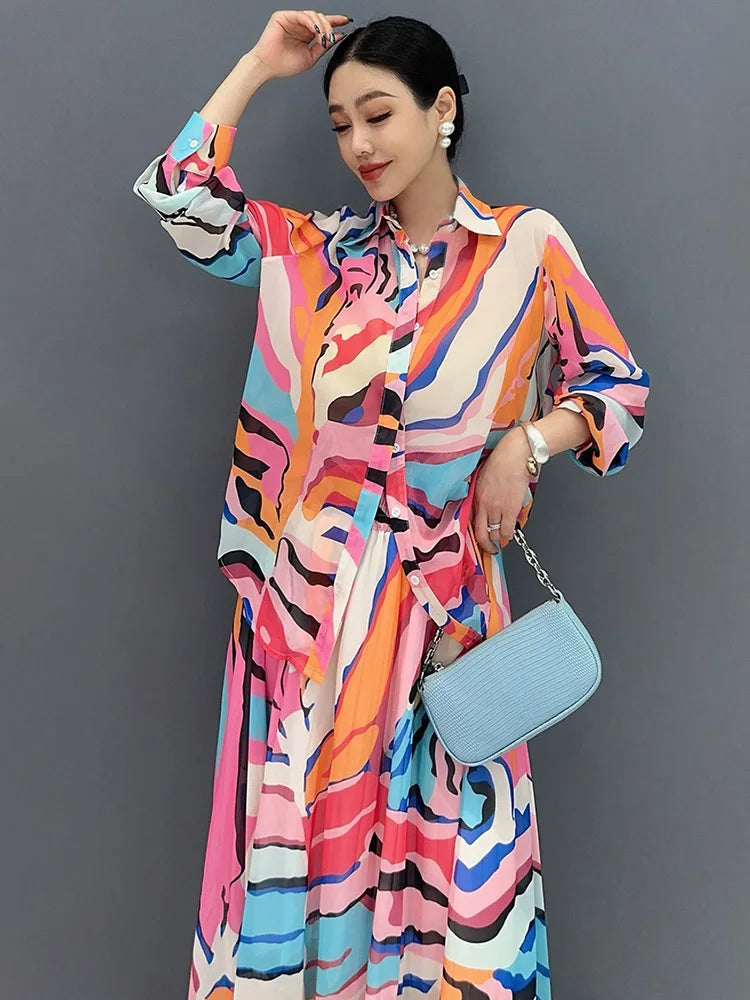 SHENGPALAE 2024 Summer New Women 2 Piece Set Printed Mid Sleeve Shirt And Large Swing Skirt Loose Fashion Female Clothes 5C7427