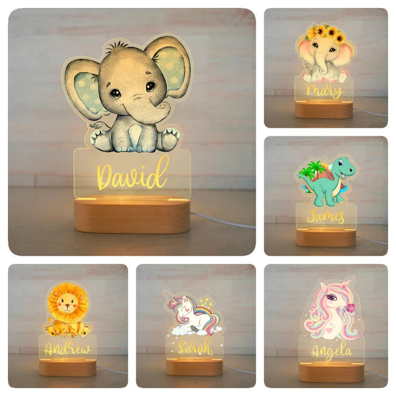 Personalized Children Animal LED USB Night Light Custom Name Acrylic Lamp For Baby Kids Bedroom Home Decoration Birthday Gift