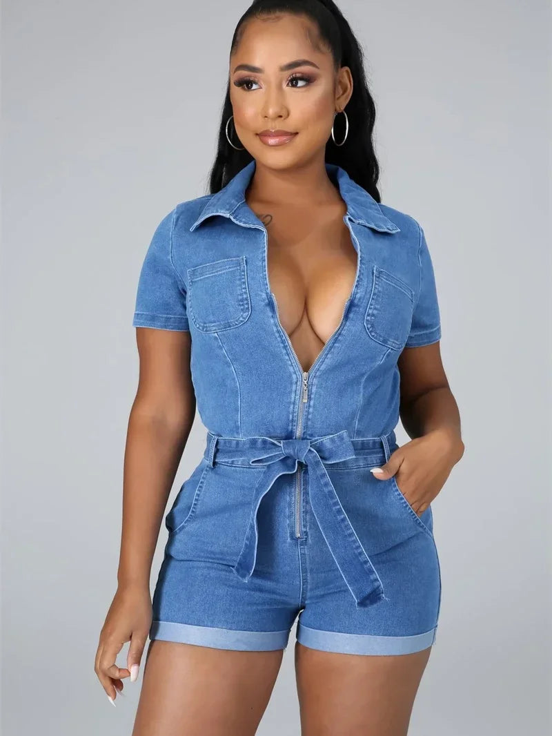 Streetwear Denim Rompers Playsuits Summer Clothes Women 2025 Turn Down Collar Jean Shorts Jumpsuits One Pieces Overalls Outfits