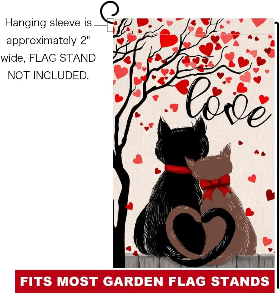 BLKWHT Valentines Cats Garden Flag 12x18 Vertical Double Sided Red Love Tree Spring Farmhouse Holiday Outside Decorations Burlap
