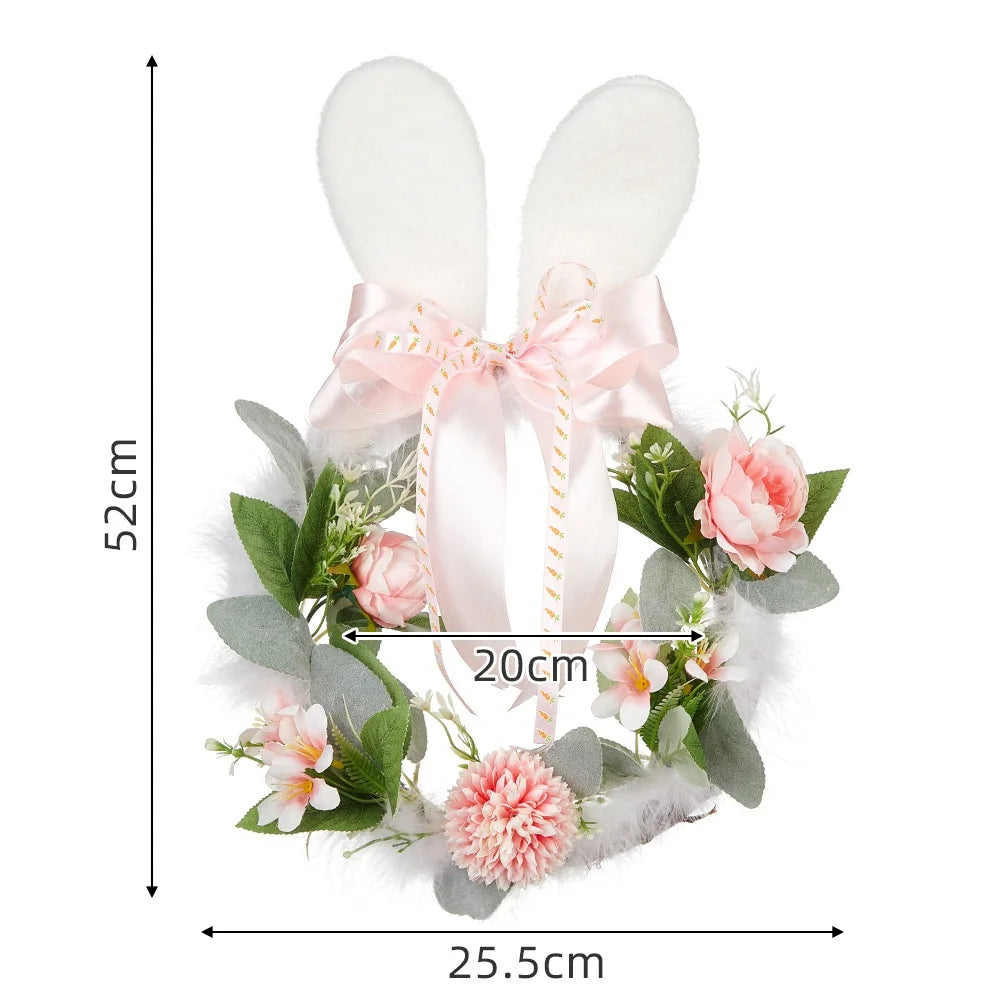Easter Wreath Cartoon Rabbit Shape Outdoor Home Door Hanging Decoration Hand-Woven Simulated Wreath Ribbon Bow Decoration