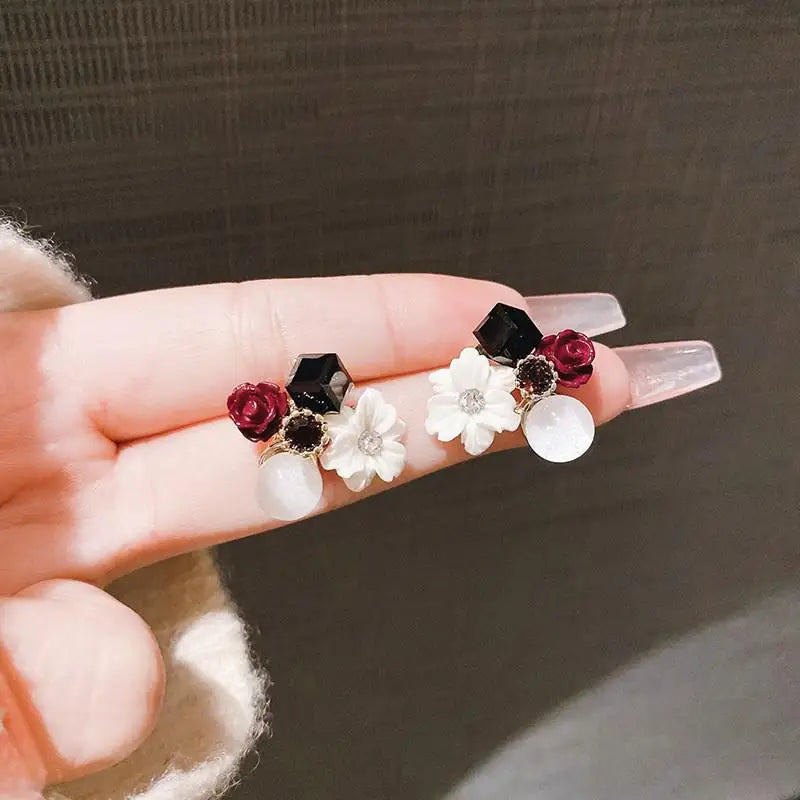 925 Silver Needle Korean Vintage Oil Painting Pearl Flower Earrings For Women Jewelry 2024 Trending New Luxury Women's Earrings