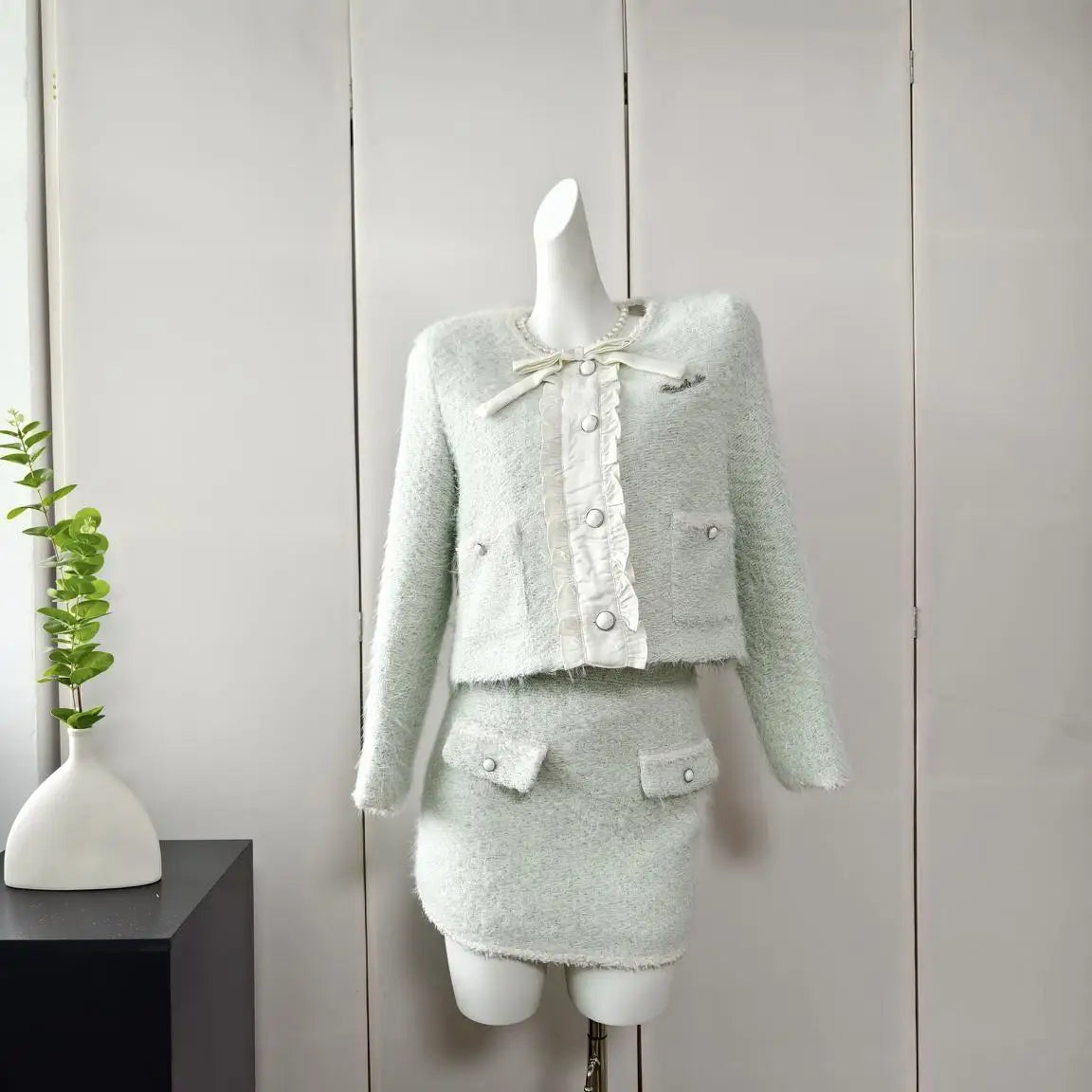 Frauen Elegante Tweed Luxus Anzug Strass Jacke Mantel Und Rock Zwei Stück Set Outfit Winter Pailletten Jacquard Party Kleidung 2023